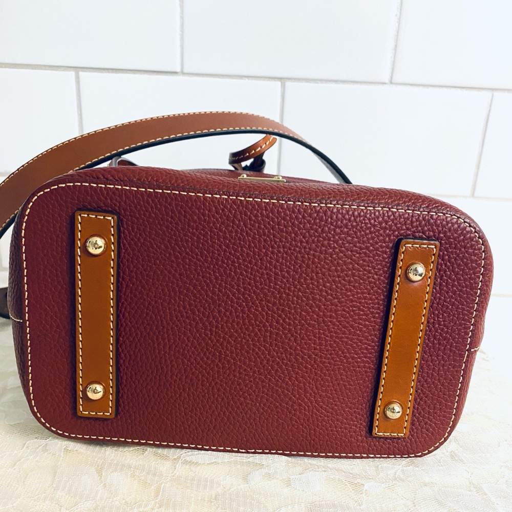 Dooney & Bourke Burgundy Pebbled Leather Drawstring Shoulder Bag with Tan Trim - Picture 9 of 16